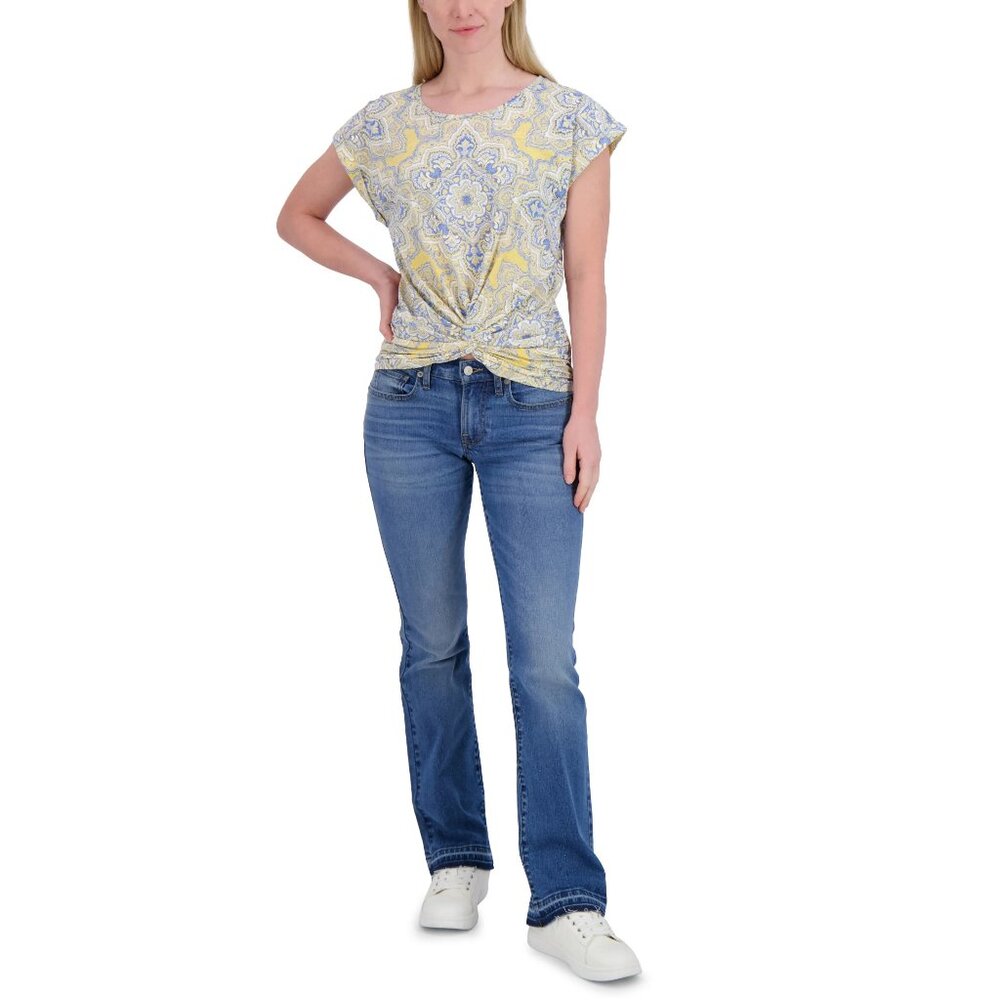 2/$30 Lucky Brand Twist Front Medallion Print Tee Cap Sleeve Mustard L #A1478 - Picture 4 of 11